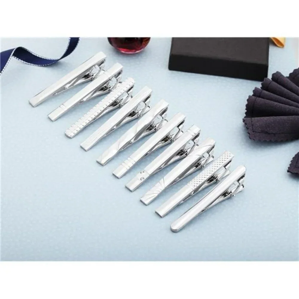 Mens silver tie clip set 10 piece metal tie bar classic formal wedding gift